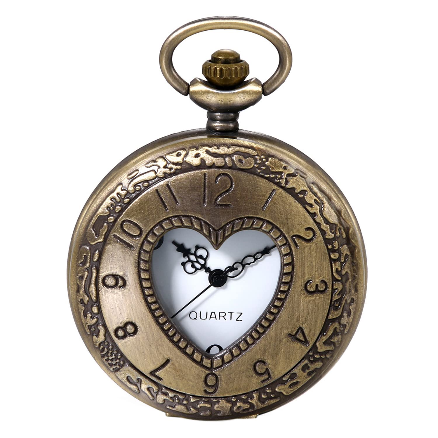JewelryWe Classic Retro Pocket Watch Hollow Heart Cover Arabic Numbers Dial Quartz Watch Pendant Necklace with Long Chain
