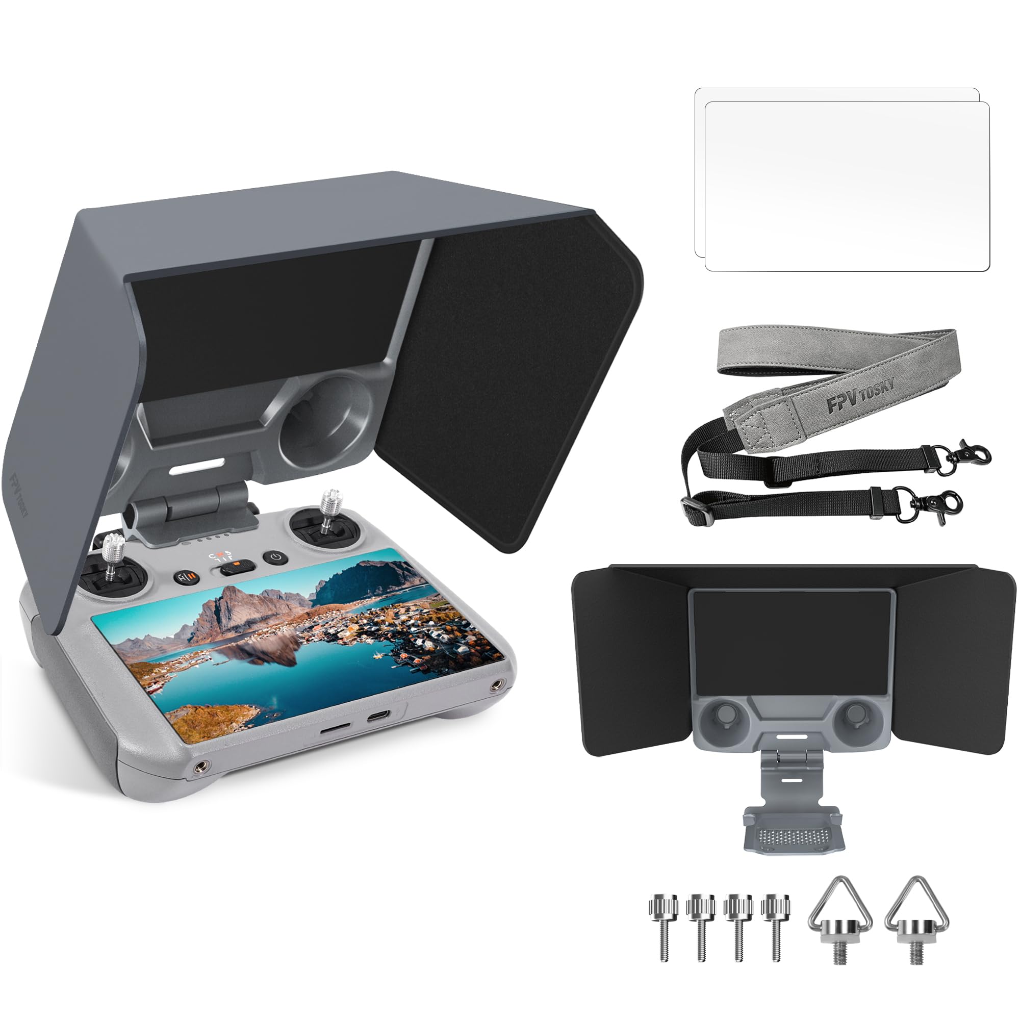 FPVtosky RC 2 Controller More Protector Kit for DJI Mini 4/5 Pro Accessories, 3-in-1 Kit includes RC 2 Sun Hood Cover, Lanyard, Screen Protection x 2, for DJI Air 3S/Mavic 4 Pro/Avata 360 Accessories