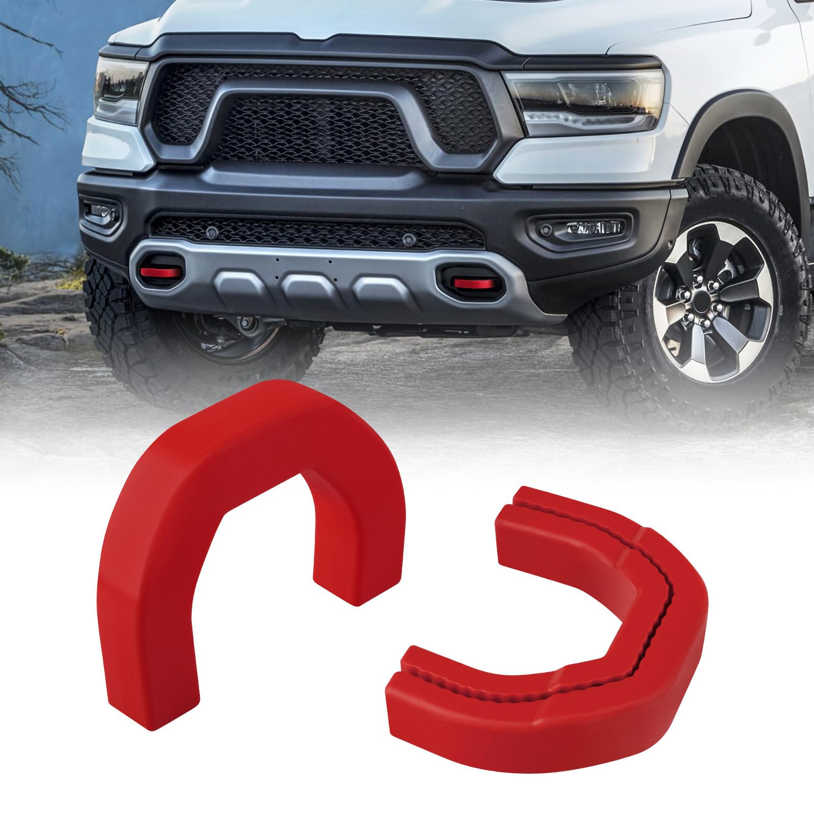 Photo 1 of TECHPICCO Front Tow Hooks Covers Hitch Cover customized Car Tow Hooks Compatible with RAM 1500 Accessories 2019-2025|Red (Not Fit for RAM 1500 Classic,Warlock,RAM 2500,RAM 3500)