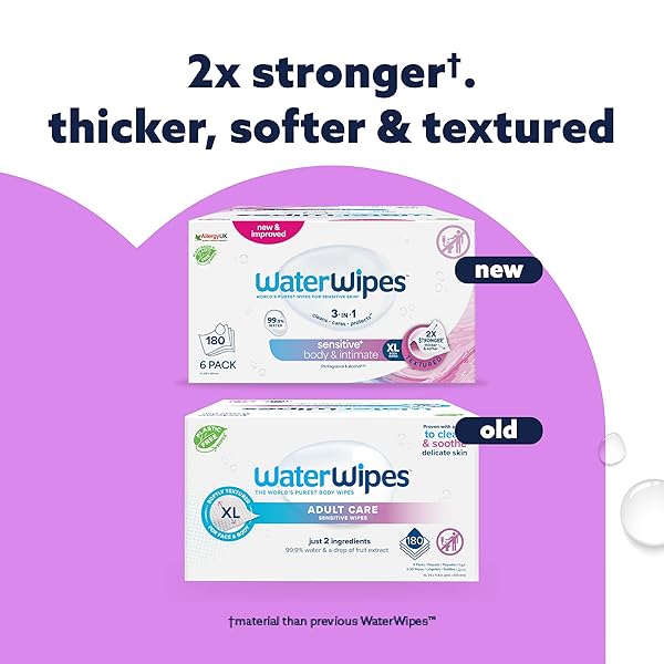 WATERWIPES SENSITIVE+ BODY & INTIMATE WIPES, 3-IN-1 CLEANS, CARES, PROTECTS, 99.9% WATER, UNSCENTED & HYPOALLERGENIC HYGIENE WET WIPES, ADULT CARE,180 WIPES (6 PACKS)