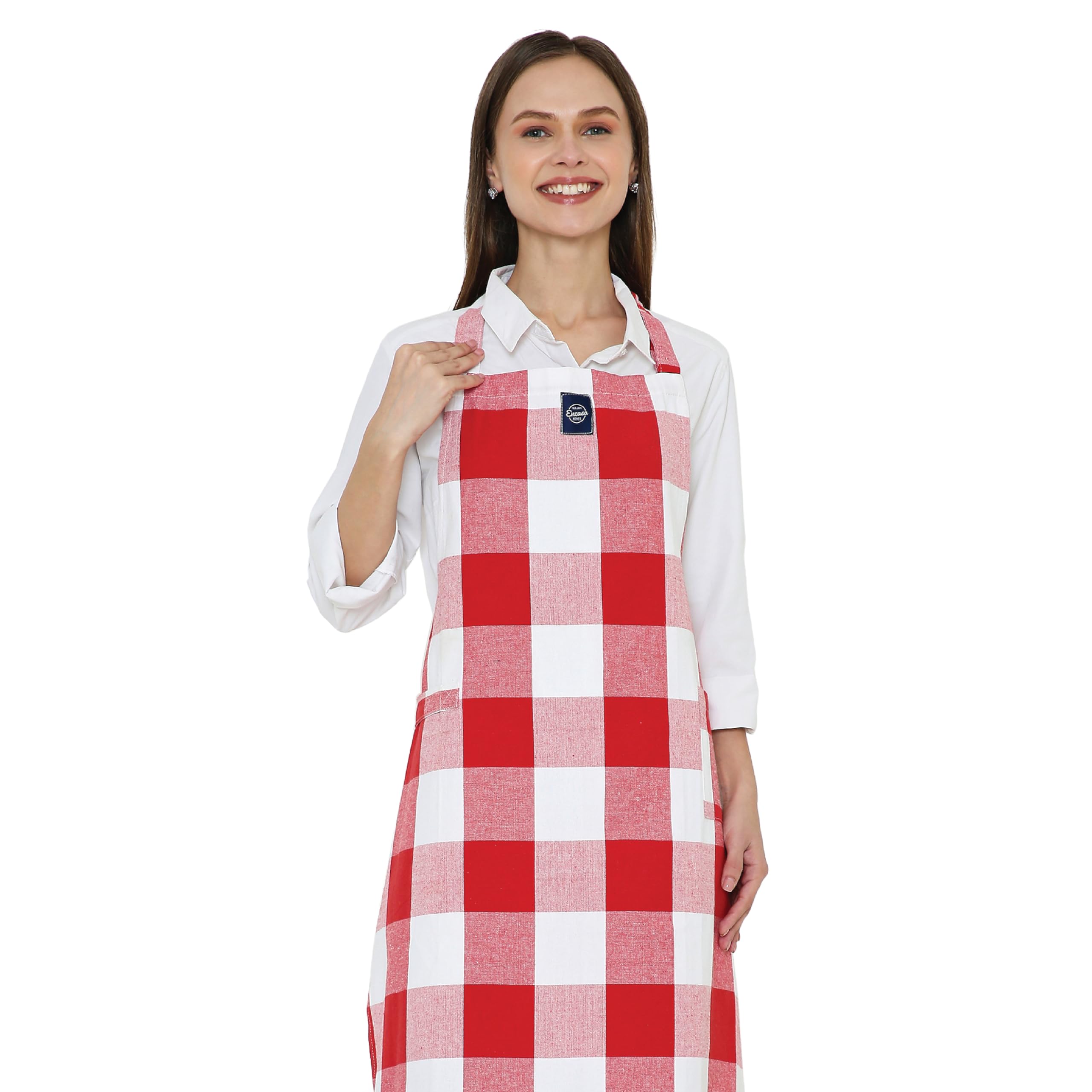 Encasa XO Adjustable Kitchen Cotton Apron With Pockets & Towel Holder Of Size 68x85 cm (Buffalo Red Checks) for Men & Women Chefs For Cooking & Baking in Home, Restaurants & Barbeque