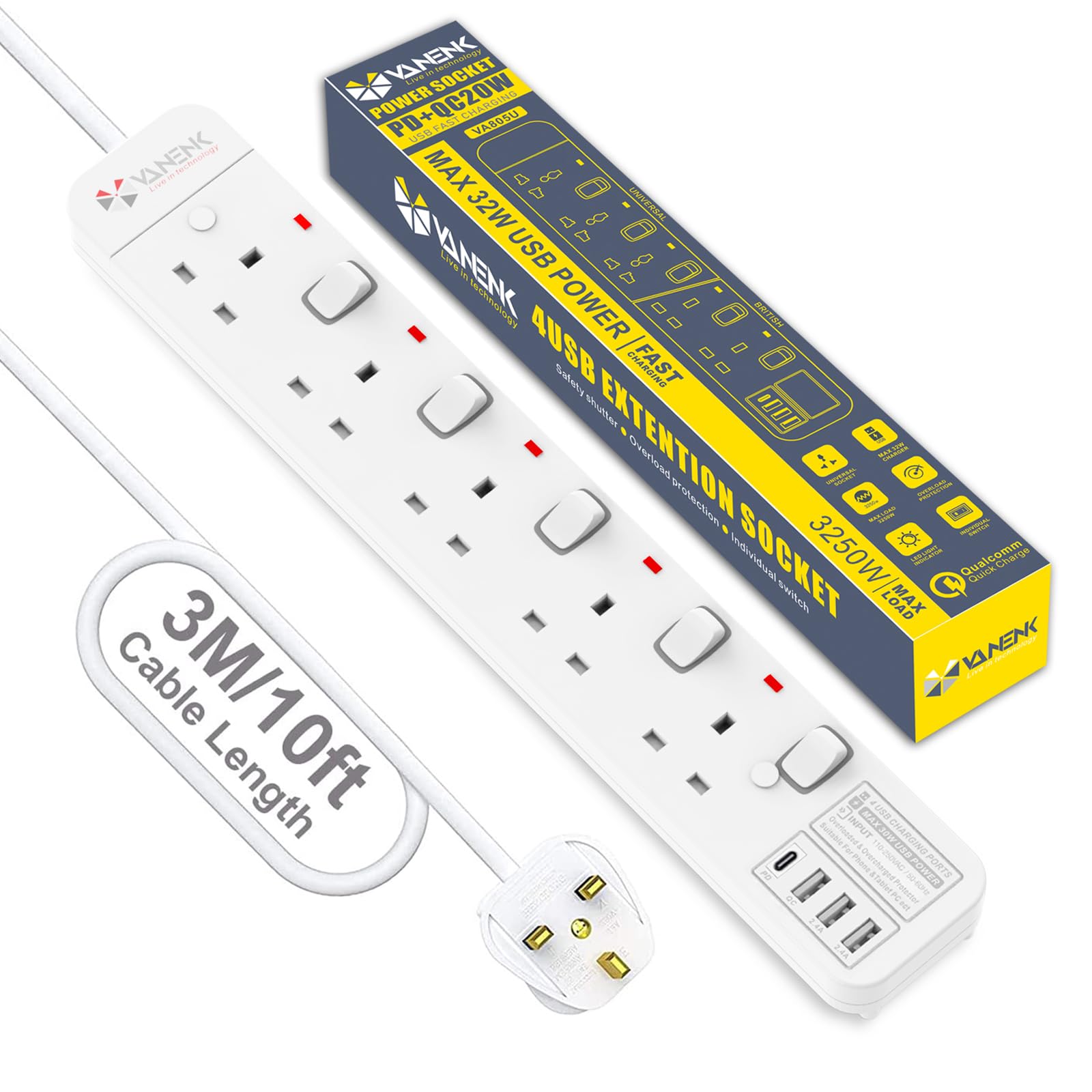 VANENIK Extension Lead with USB C 3M Surge Protector Power Strip with 4 USB Ports, Individual Switched Socket Extension Cord 3 Meter 5 Way