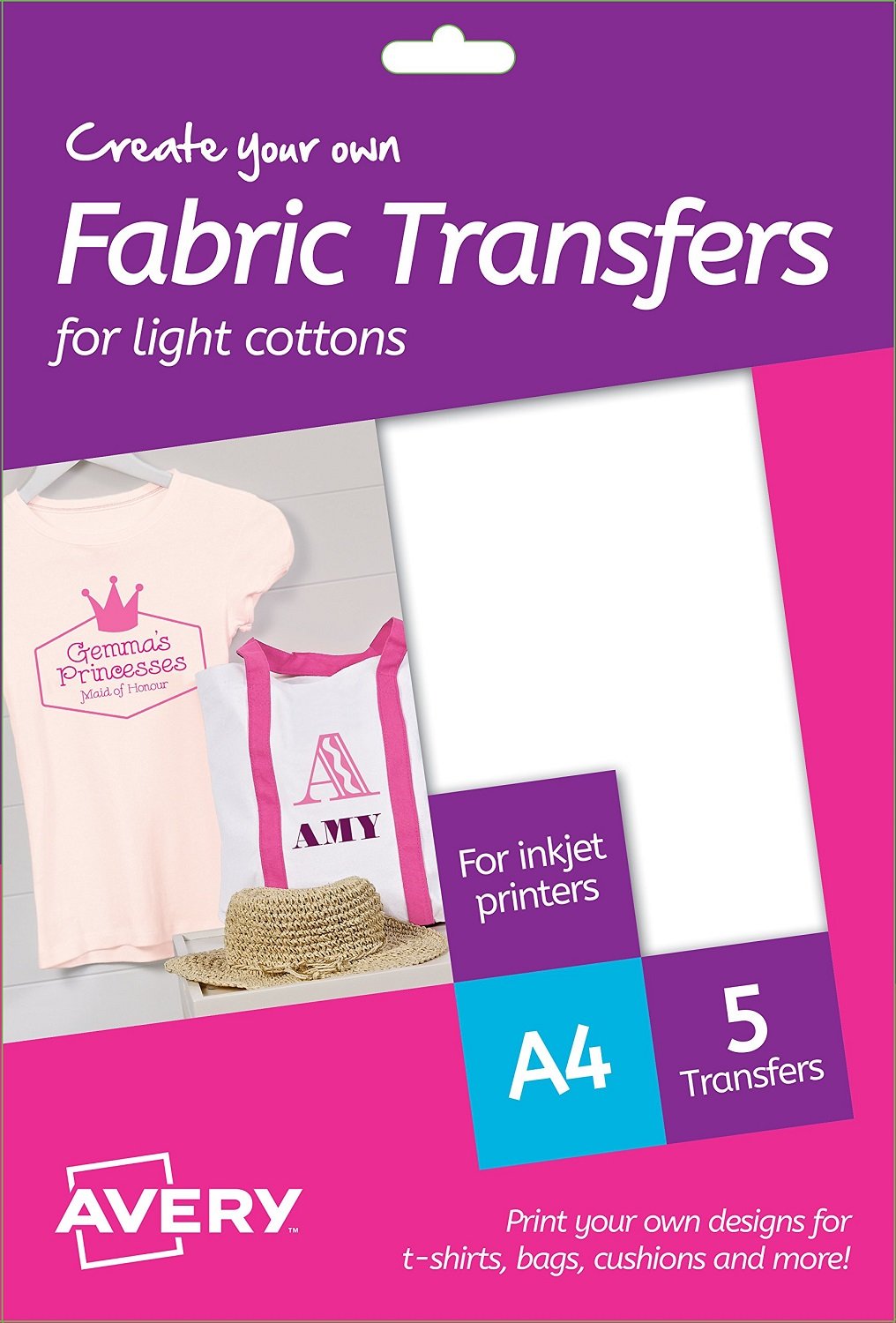 Avery MD1001 A4 Printable Fabric Transfers for Light Cottons, Inkjet Printers Only - 5 x A4 Transfers per Pack, White