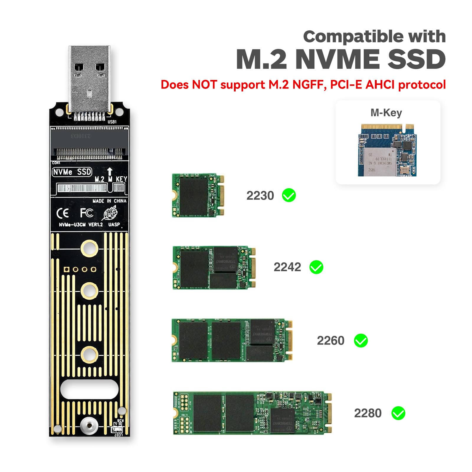 ELUTENG NVME to USB Adapter USB 3.1 Gen 2 to M.2 NVMe SSD Converter Adapter 10Gbps PCIe Based M Key Hard Drive Reader Max 4TB Support UASP for 2280 2260 2242 2230 SSD (Only for M.2 NVME)