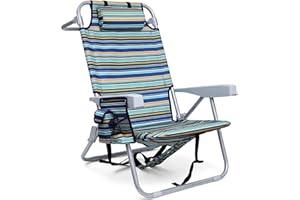 Yestomo Backpack Beach Chair for Adults, Folding Beach Chair with 4 Positions, Heavy Duty Beach Chair with Large Cooler Pouch Support to 350LBS (Stripes_Blue&Cyan&Yellow)