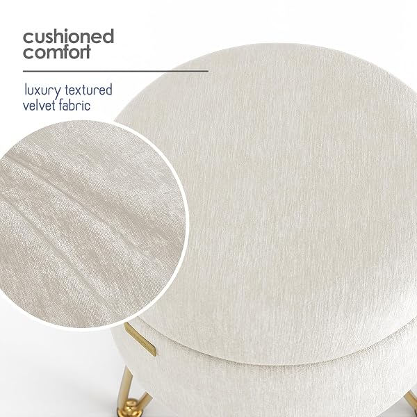 STORAGEBUD ROUND OTTOMAN WITH STORAGE, TEXTURED VELVET STORAGE OTTOMAN, FOOT STOOL OTTOMANS, MAKEUP VANITY STOOL, SMALL OTTOMANS FOOT REST, MODERN VANITY STOOLS FOR LIVING ROOM AND BEDROOM, CREAM