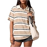 MakeMeChic Women's Striped Rugby Shirt Short Sleeve Collared T Shirts Preppy Vintage Tops