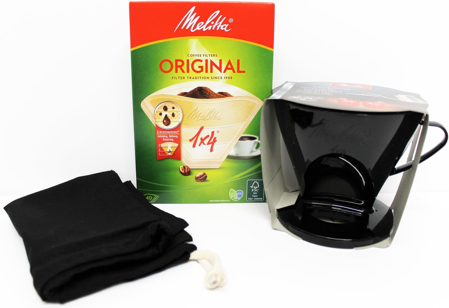 New Style Melitta 1x4 Pour Over Coffee Cone with **Free ** 1x4 Filters PK40 & Handy Storage Bag