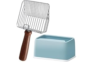 Morrean Metal Cat Litter Scoop with Holder, Stainless Steel Litter Scooper, Kitty Poop Scooper with Wooden Handle, Fast Sifting & Fine Sifting, Heavy Duty Deep Shovel - Silver with Blue Holder
