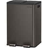 SONGMICS Trash Can, 2 x 8 Gallon (2 x 30 L) Dual-Compartment Garbage Can with Soft-Close Lid, Pedal and Inner Buckets, Stainless Steel, Includes 15 Liner Bags, Slate Gray ULTB741G01