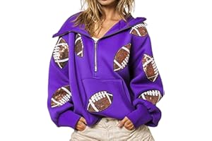 Xunger Women's Football Sequin Hoodie Half Zip Long Sleeve Rugby Patches Game Day Hooded Sweatshirt