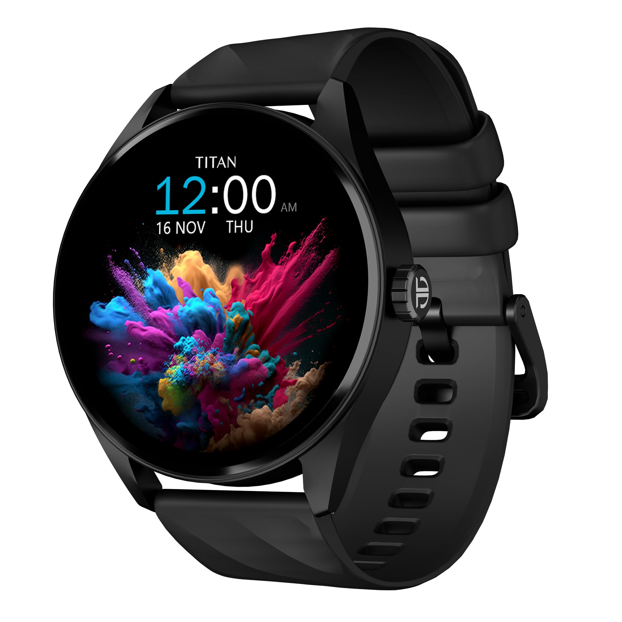 Titan Crest 1.43” AMOLED Smart Watch with BT Calling, AI Morning Briefs, Functional Crown, Health Tracking, Aluminium Body, 100+ Sports Modes, Smartwatch for Men and Women - Black Silicone Strap