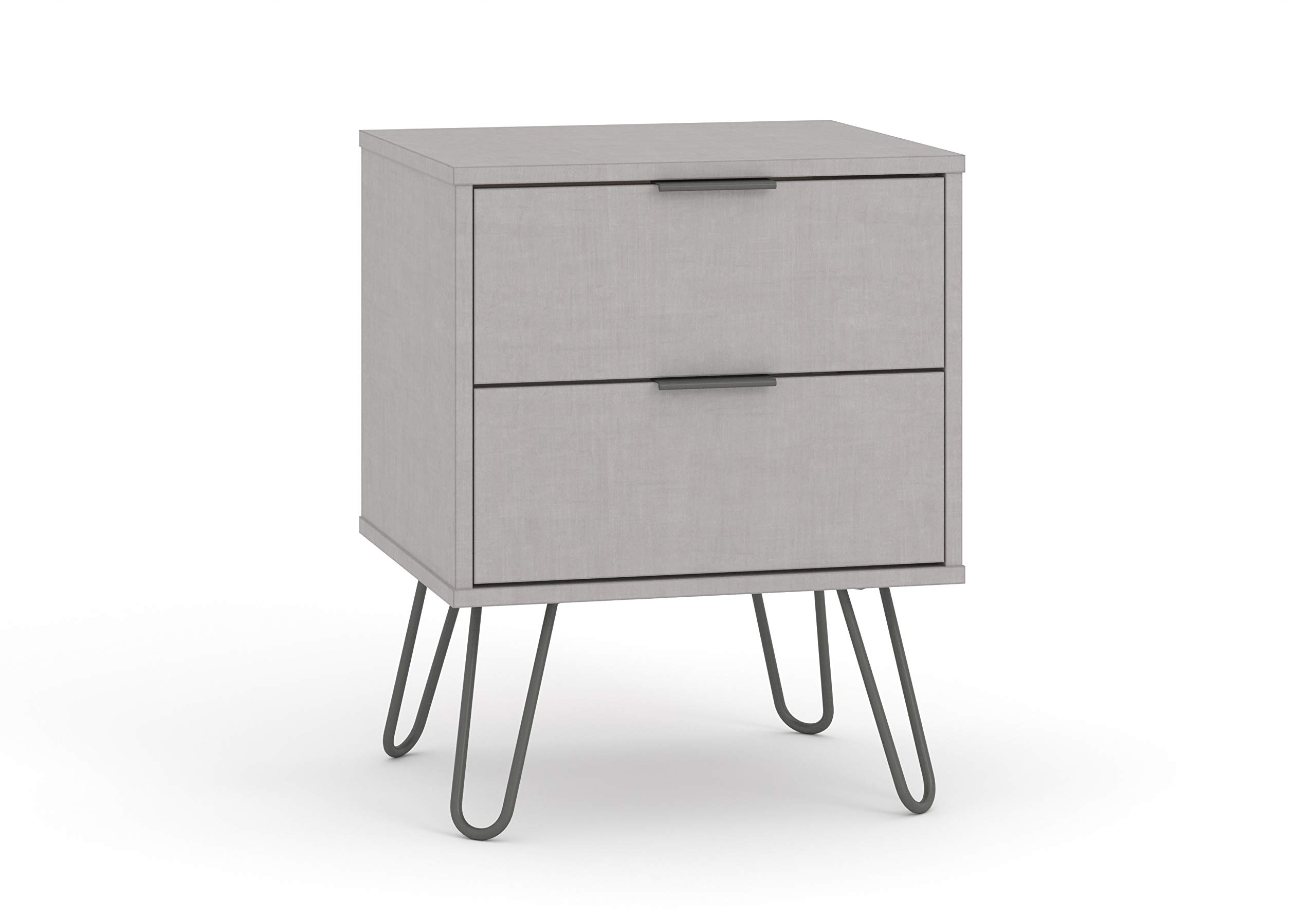 Home Source Bedside Cabinet Lamp Side Table, Textured Grey Finish, Grey Hairpin Legs, 2 Drawer