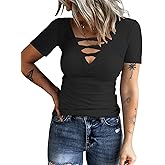 HERILIOS Women Casual Short Sleeve Tunic Tops V-Neck T Shirts Criss Cross Ribbed Slim Fitted Blouse