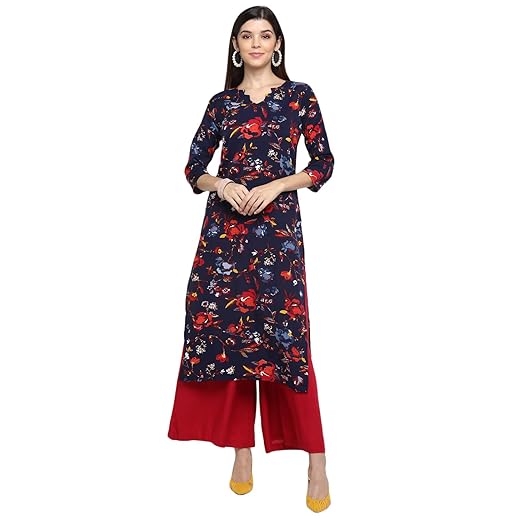 Womens Navy Blue Crepe Printed Straight Calf Length Kurti
