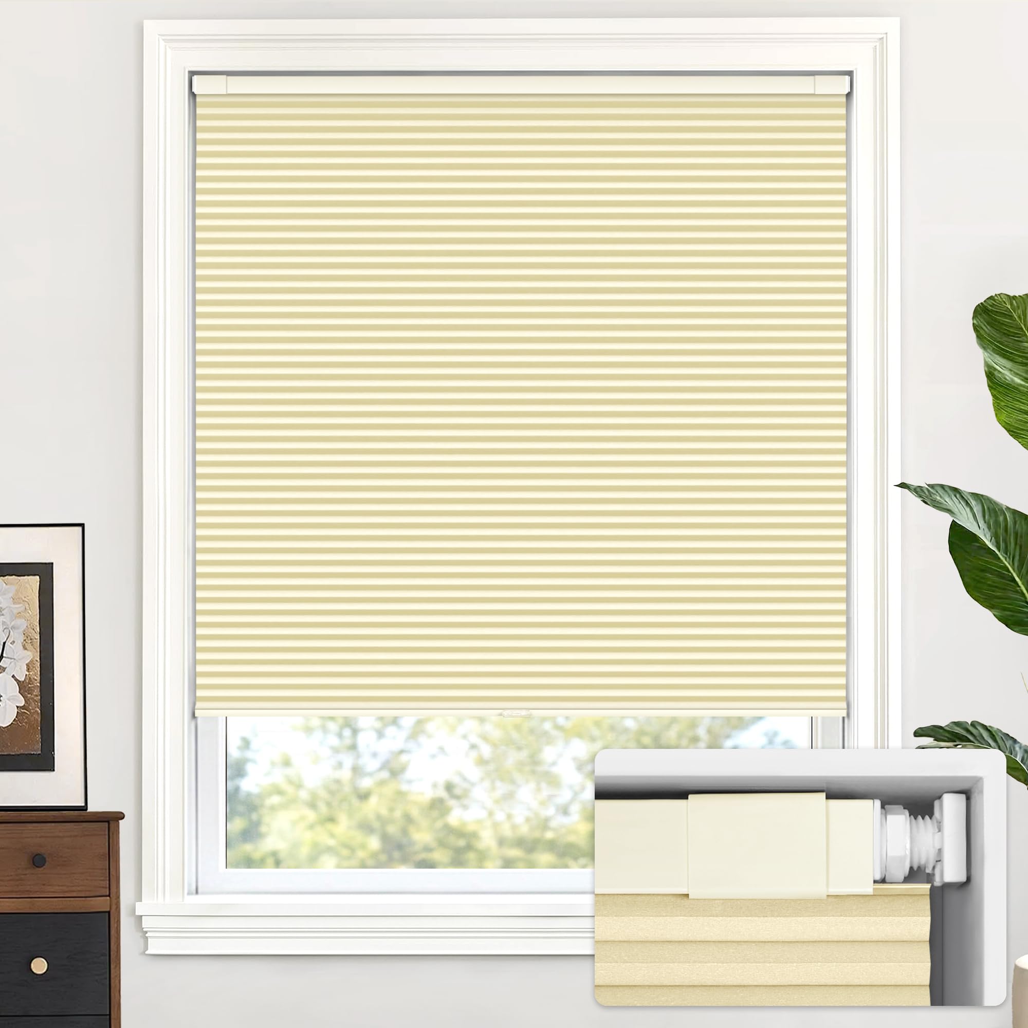 LazBlinds Cordless Cellular Shades, No Tools No Drill Blackout Honeycomb Shades Pleated Blinds for Windows, 21" W x 64" H, Soft Cream Image