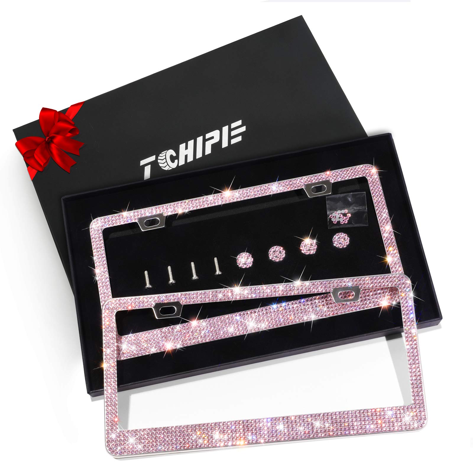 Photo 1 of Tchipie 2 Pack Bling Rhinestone License Plate Frames for Women Girl, Bedazzled Sparkly Cute Diamond Car License Plate Frame, Glitter Crystal Tag Caps with Gift Box, Stainless Steel Holder(Pink)