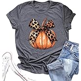 Fall Shirts for Women Pumpkin with Leopard Coquette Bow Casual Graphic Tops Halloween Shirts Cute Tee