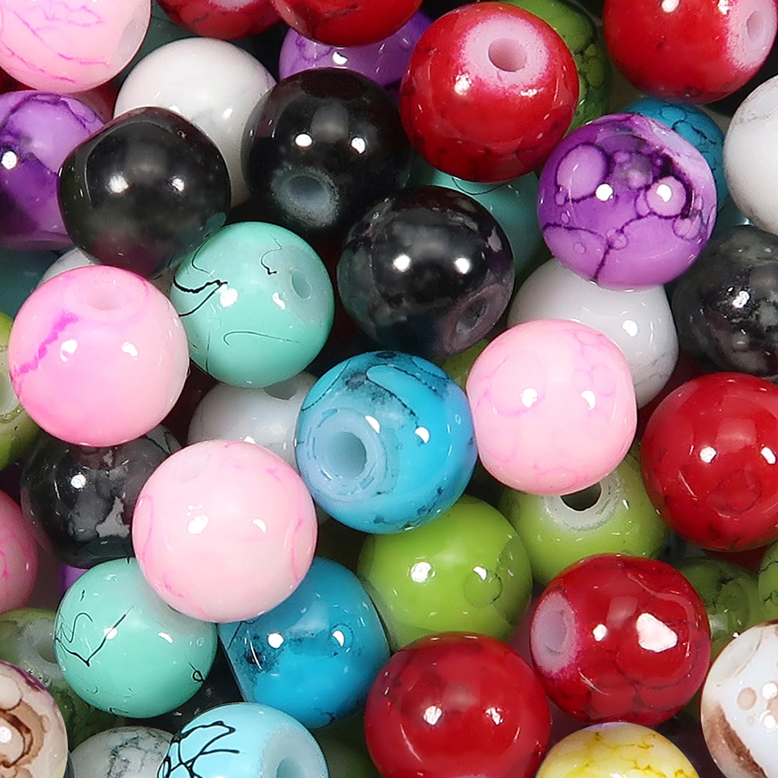 TOAOB 100 Pieces 10 mm Crackle Glass Beads, Round, Multicoloured, Marble Effect, Loose Beads for Make Your own Jewellery Making
