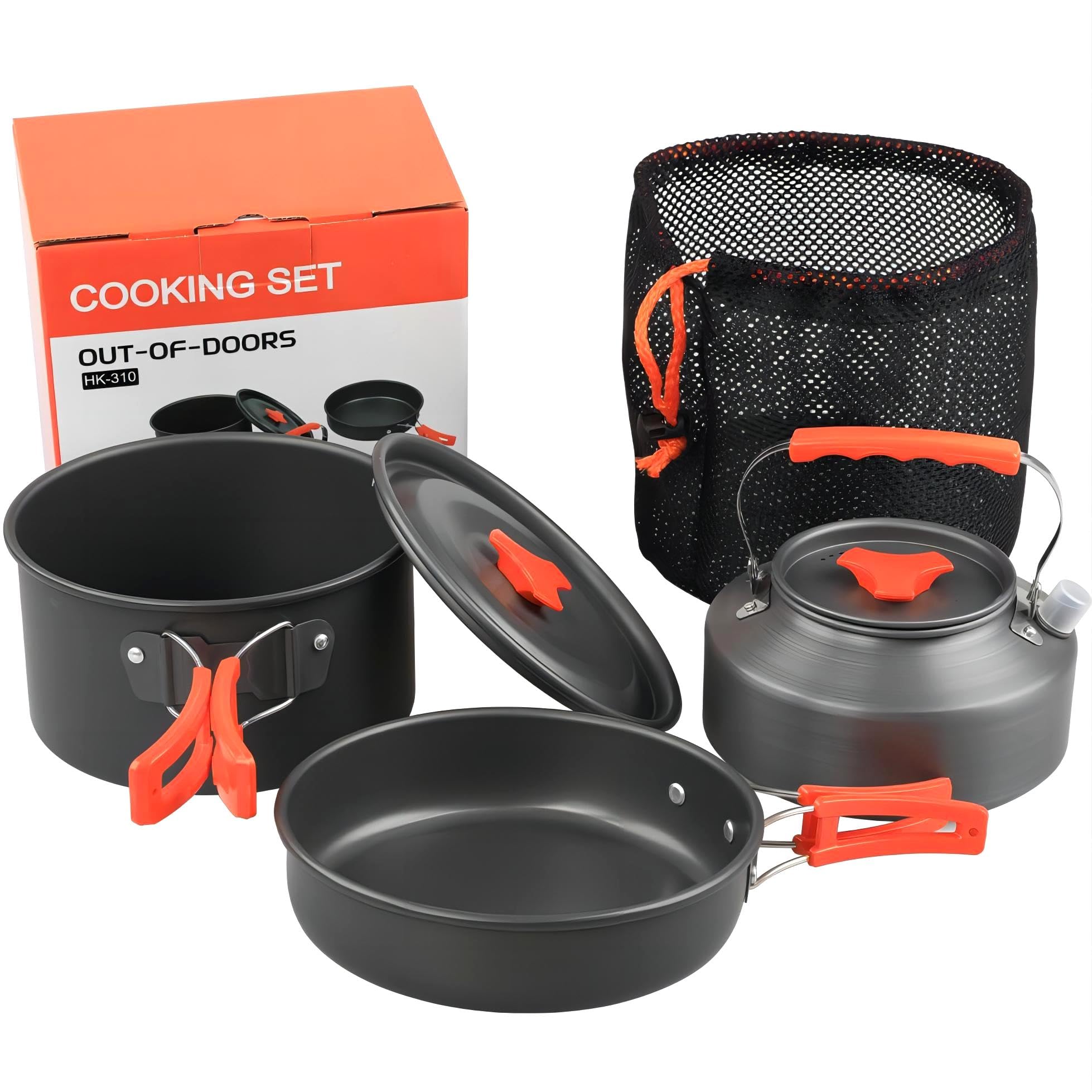 Hoquare Camping Cookware Set, 3pcs Nonstick Outdoor Aluminum Lightweight Camping Pan, Camping Pot, Portable 2-3 People Camping Cooking Kit for Travel, Camping, Hiking, Picnic, BBQ (Orange)