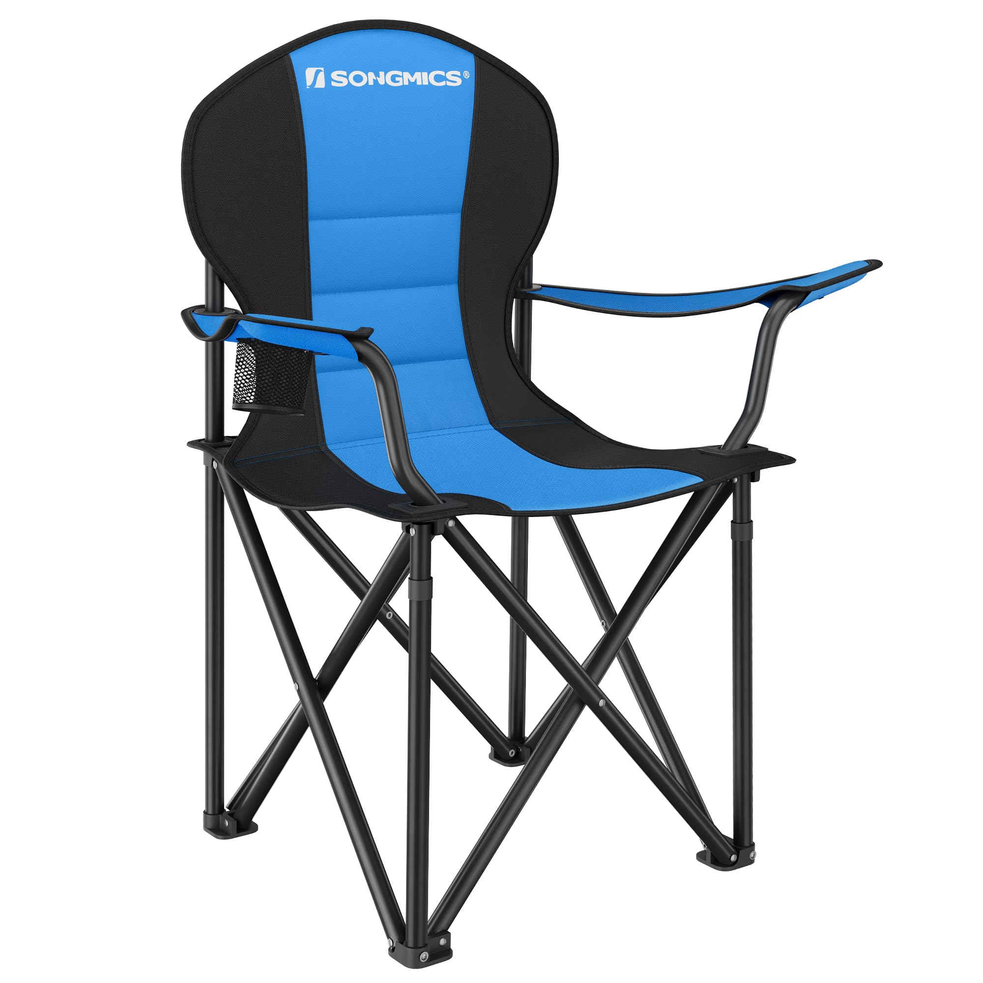 SONGMICS Foldable Camping Chair, with Comfortable Sponge Seat, Cup Holder, Heavy Duty Structure, Max Load Capacity 250 kg, Outdoor Chair, Blue GCB06BU