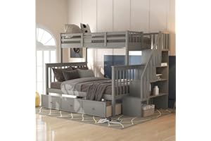 Harper & Bright Designs Twin Over Full Bunk Bed with Stairs, Solid Wood Stairway Bunk Bed with Storage Drawers for Kids Teens Adults, Bedroom, Dorm - Gray