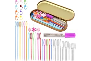 SHWAKK 48Pcs Plastic Large Eye Sewing Needles Set,15PCS Large-Eye Blunt Needles,Yarn Needle,10 Knitting Stitch Markers with Box, Needle Threader for Knitting Crochet