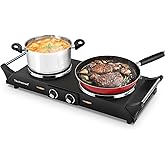 Techwood ES-3203 Hot Plate Electric Double Burner 1800W for Cooking with Adjustable Temperature &amp; Stay Cool Handles, Black Stainless Steel, Compatible for All Cookwares