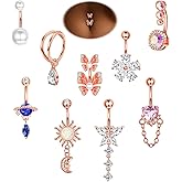 ZELORES 9Pcs 14G Belly Button Rings for Women Surgical Stainless Steel Belly Ring Cute Navel Rings Butterfly Flower Heart Double Hoop Dangle Belly Button Ring Set