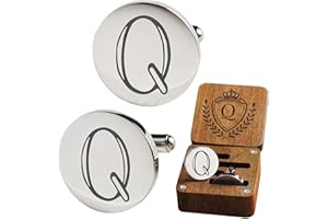 SEEMDANTEN Mens Classic Initial Cuff links A-Z Alphabet 26 Letters Stainless Steel Silver CuffLinks with Engraved Walnut Wood Gift Box Business Wedding Set