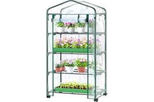 Ohuhu Mini Greenhouse for Indoor Outdoor with Wheel, Small Plastic Plant Green House 4-Tier Rack Stand Portable Greenhouses w