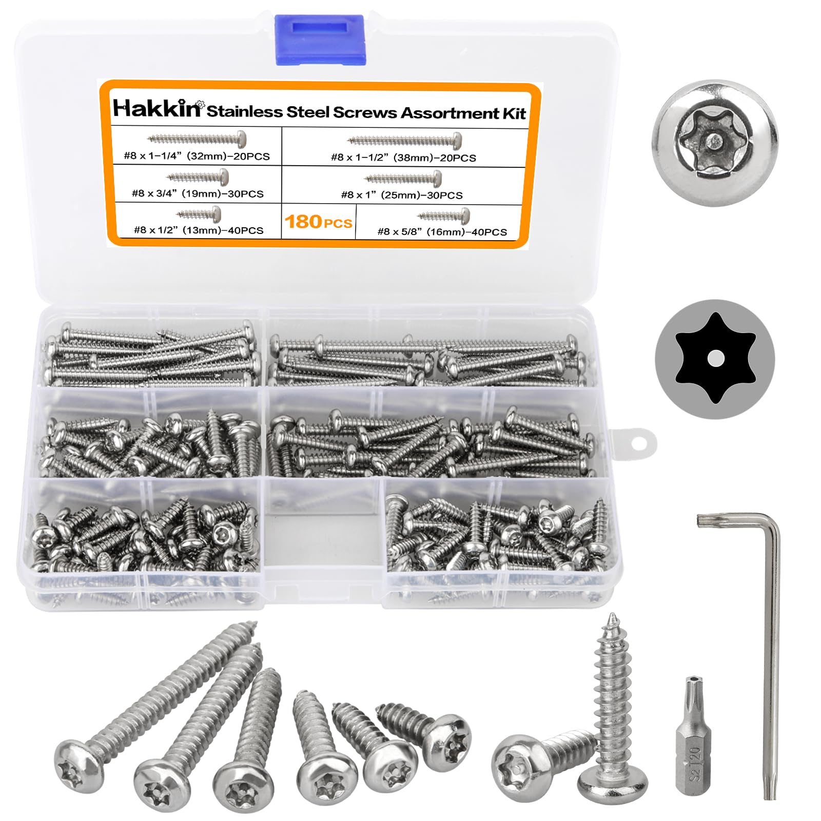 Self Tapping Screws Hakkin 180Pcs #8 Button Head Torx Security Screws Sheet Metal 304 Stainless Steel Anti-Theft Tamper Proof Screws Assortment Kit with T20 Wrench