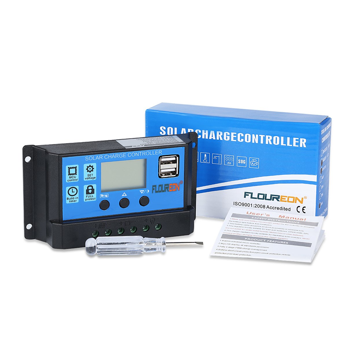 floureon 30A Solar Charger Controller Solar Panel Battery Intelligent Regulator with USB Port LCD Display 12V/24V
