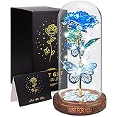 WOKEISE Valentines Day Gifts for Her, Light Up Rose Butterfly in Glass Dome, Birthday Anniversary Flower Lighted Roses Gifts for Women,Wife,Mom,Grandma,Girlfriend,Girls,Sister, Blue