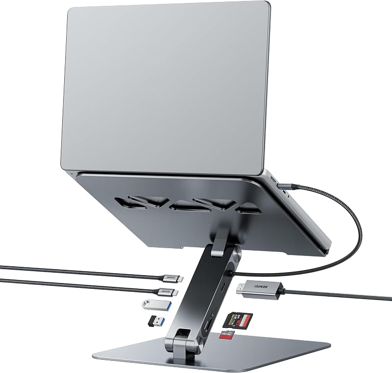 Laptop Ständer mit 7-in-1 USB C Dockingstation – HDMI (4K@60Hz), 1×SD& 1×Micro SD Kartenleser, 100W Power Delivery, 10Gbps (1×USB-C & 2×USB-A 3.2) – Für MacBook Pro/Air iPad Pro XPS & ThinkPad