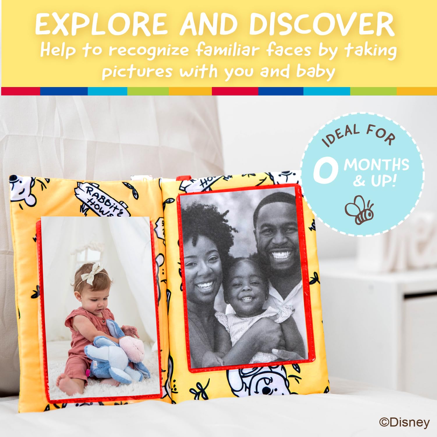 Disney Winnie The Pooh Photo Album with Soft Pages and Crinkle Sounds for Babies and Toddlers – Holds 4x6 Photos and On The Go Strap for Stroller, Car Seat or Crib for Baby