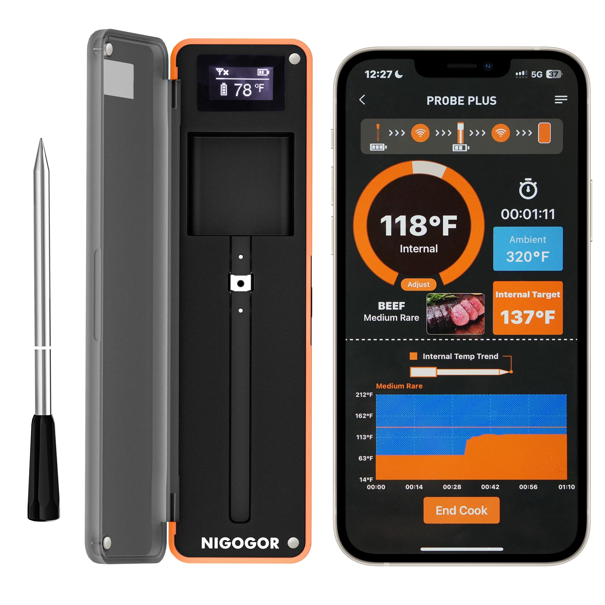 Photo 1 of Smart Wireless Meat Thermometer with Thinnest Probe, Bluetooth Food Thermometer, Remote Tracking and Real-Time Readings from Apps, for iOS and Android, for BBQ, Grill, Smoker
