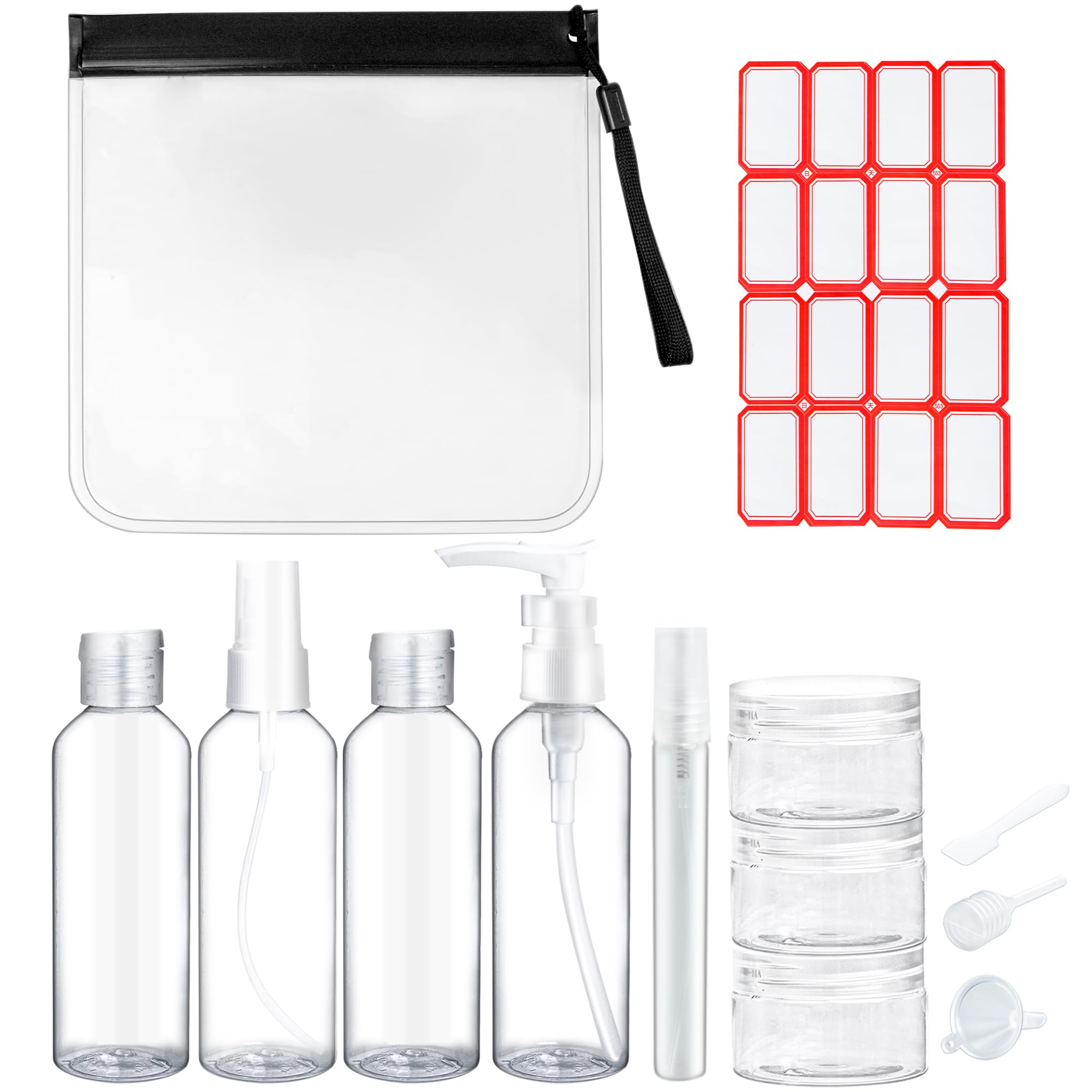 Roosea 11 Pcs Travel Bottles for Toiletries 100ml Travel Containers for Toiletries Clear Travel Bottles Set Refillable Empty Cosmetic Bottles for Travel Makeup with Labels and Storage Bag