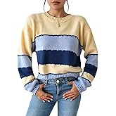 GORGLITTER Women's Colorful Striped Sweater Trendy Casual Cozy Oversized Vintage Knit Fall Pullover Tops