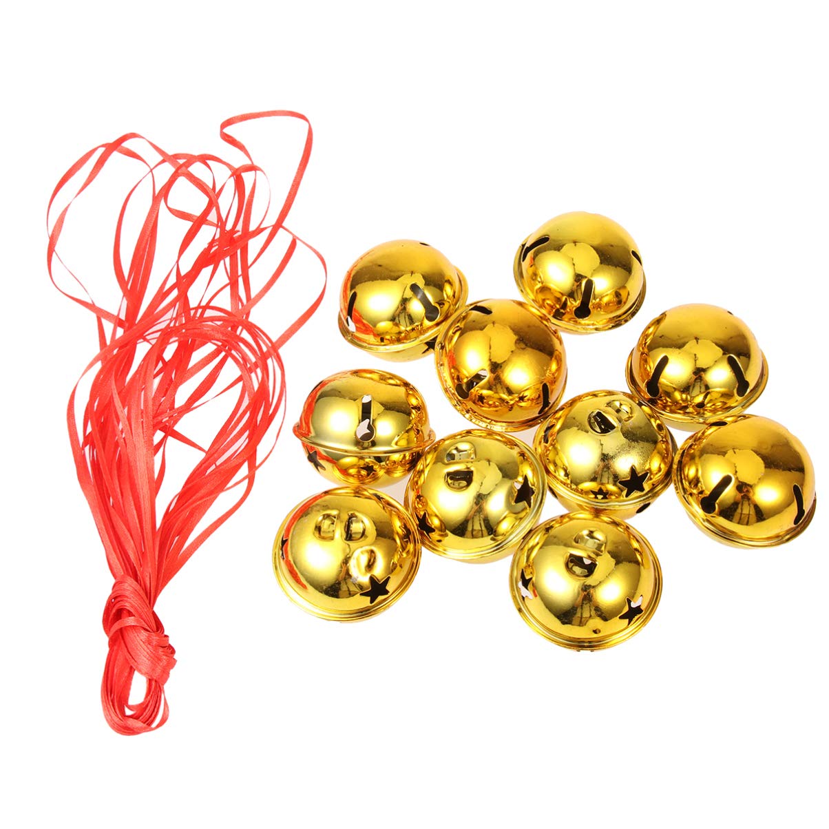 Amosfun Pack of 20 Mini Christmas Bells with Star Cutouts - Golden 5 * 5CM Christmas Tree Decoration Ornaments for Holiday Craft Decorations with 10 m Ribbon