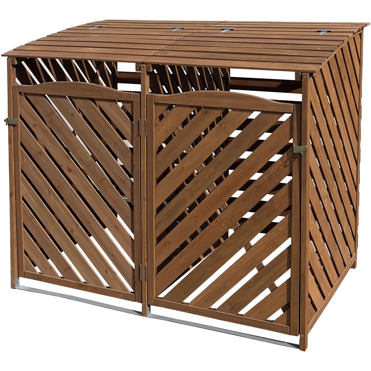 Photo 1 of  Wooden Trash Bin and Recyclables Storage Shed in Brown, Weather Resistant Trash Can Storage Container with Locking Latch for Lawn, Carport, Driveway