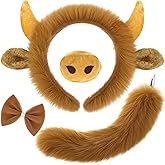 Janinka Halloween Highland Cow Costume for Kid Aldult with Bull Horn Headband Tail Nose Bow Tie for Halloween Cosplay Party
