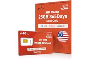 TALKSIM Data SIM Card 25GB 365Days Support AT&T, Verizon and T-Mobile, 4G LTE Prepaid USA SIM Card Compatible with Unlocked Security Camera/Mobile WiFi Hotspot/Tablet/Router iot Devices