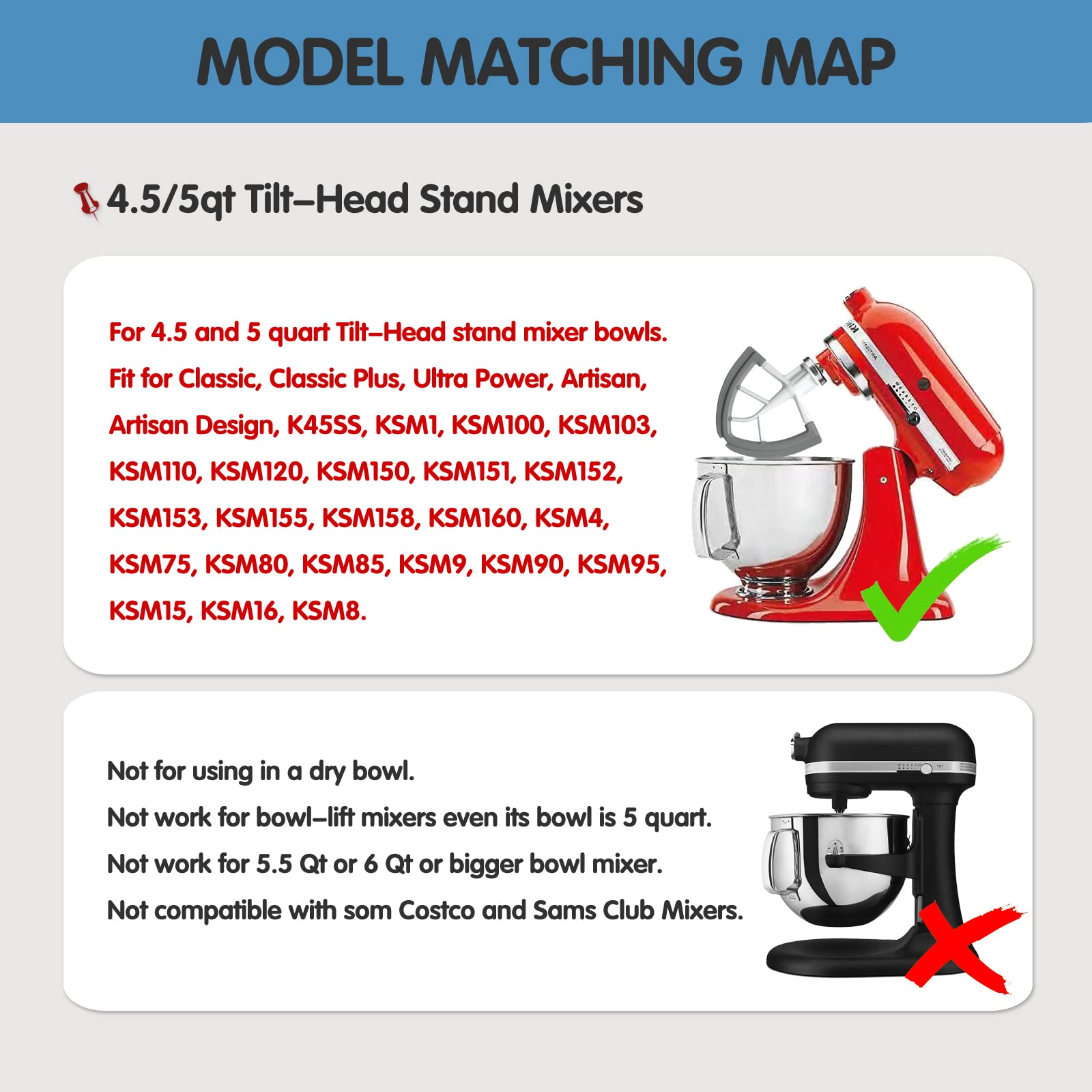 Flex Edge Beater For KitchenAid 4.5-5 Quart Tilt-Head Stand Mixers, Non-Stick Coated Blade Beater with Both-Sides Flexible Silicone Edges Bowl Scraper, Mixer Accessories Paddle Attachment
