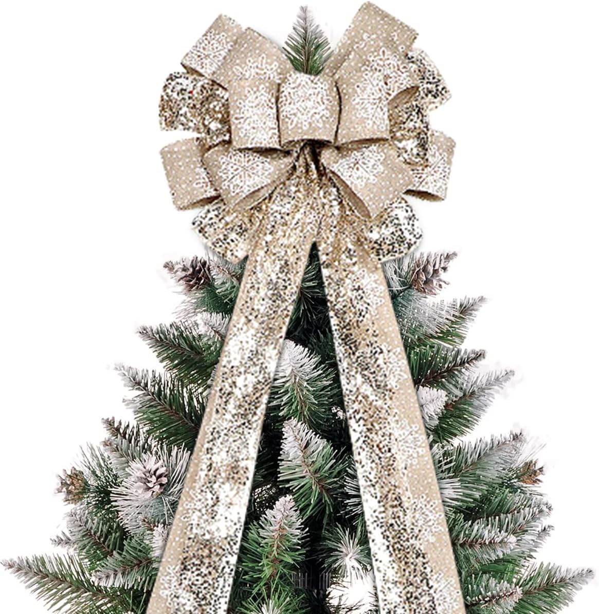 Tree Toppers - Christmas Tree Topper, Christmas Tree Bow Topper with Snowflake Handmade Tree Topper Large Decorative Bow with Wired Edge for Christmas Tree Wreath Festival Holiday Party Home Decoration (Champagne)