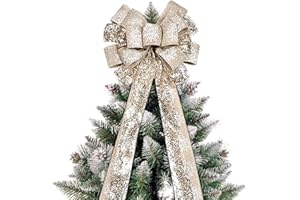 SUNY SMILING 44.5'' Christmas Tree Topper Bow with Snowflake - Handmade Decorative Bow for Indoor/Outdoor Trees