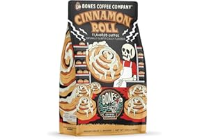 Bones Coffee Company Cinnamon Roll Flavored Coffee, Medium Roast Low Acid Arabica Beans Compatible with Auto drip and French Press Coffee Maker, 12 Oz Ground