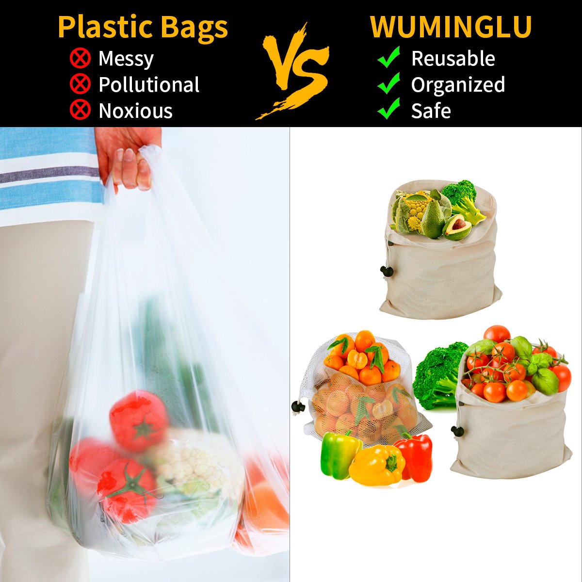 Reusable Produce Bags,WU-MINGLU Eco-Friendly Organic,Safe Freshness, 4 Sizes Muslin Cotton Drawstring & Premium Mesh Bag Set, Washable For Grocery Shopping,Storage and Vegetables(9Pack)
