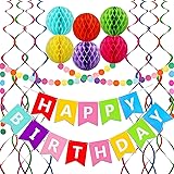 Happy Birthday Banner, Rainbow Birthday Banner, 6 Honeycomb Balls, 8 Metallic Hanging Swirls and Circle Parper Garland, Happy