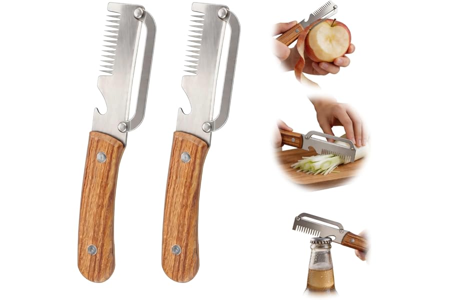 Multifunctional Vegetable Peeler, 3 in 1 Potato Peeler with Wooden Handle, Green Onion Slicer with Bottle Opener Kitchen Tool for Peeling Veggie Fruit Pineapple Pumpkin Papaya Carrrot(2 Pack)